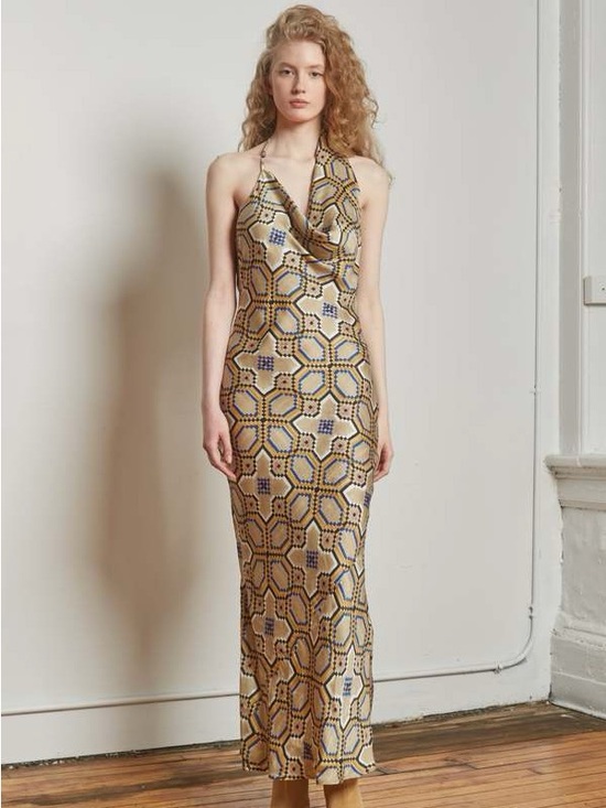 Rujuta Sheth Dresses & Skirts - Rujuta Sheth Eve Dress in Courtyard Oat | Gold Geometric Halter Maxi Dress